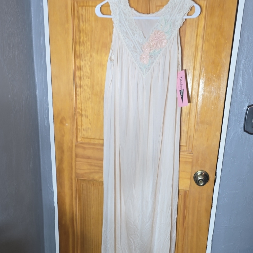 Elegant Lightest Peach Cream Nightgown with Lace Detail And Pretty Floral Detail